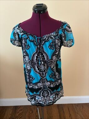 INC International Concepts Turquoise Black Paisley Off-Shoulder Tunic